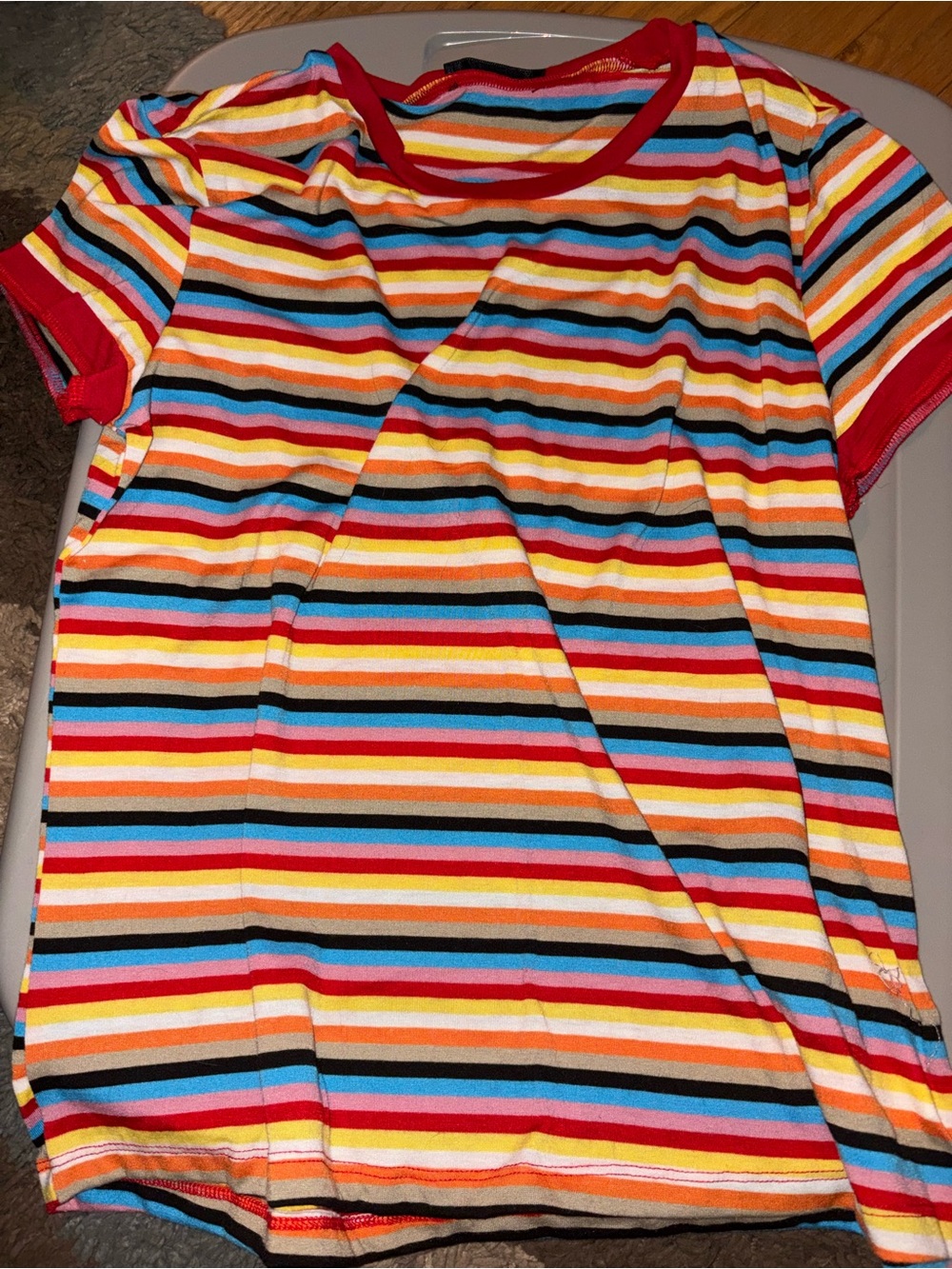 SHEIN Multi-Color Striped Short Sleeve Tee with Red Trim